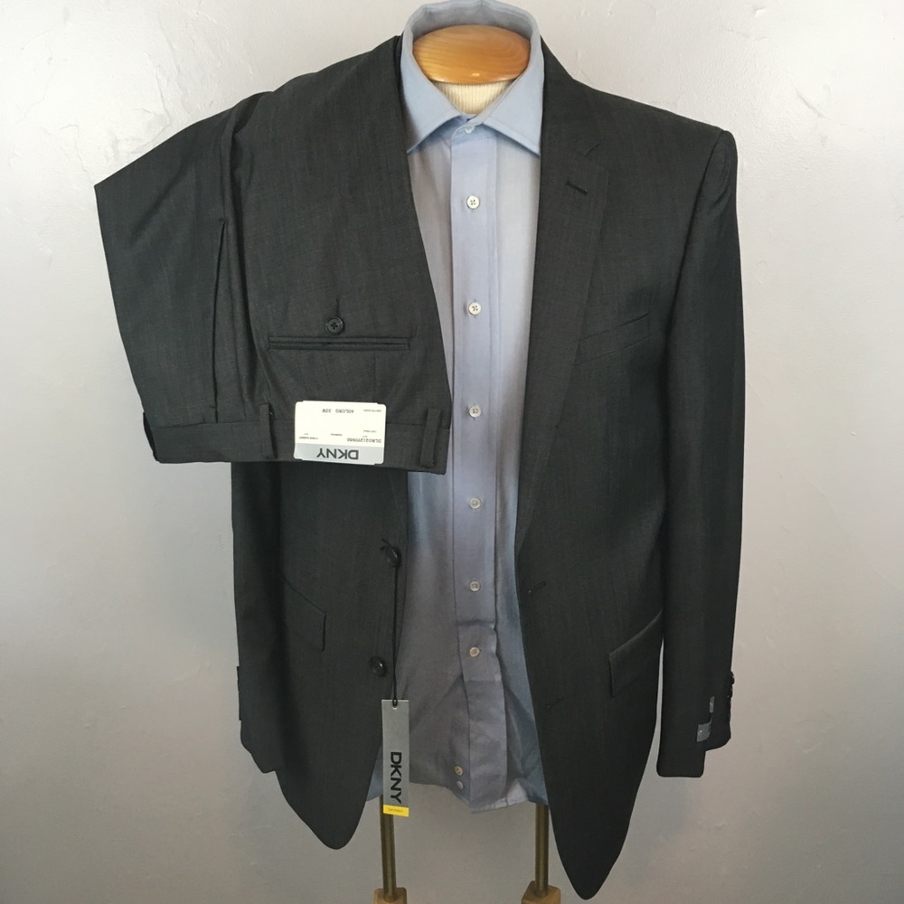 Dkny 40L mens suit solid charcoal skinny fit 100% wool 2 piece nwt new ea0094